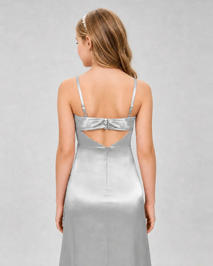 Silver Satin A-line Girls Formal Dress Back View