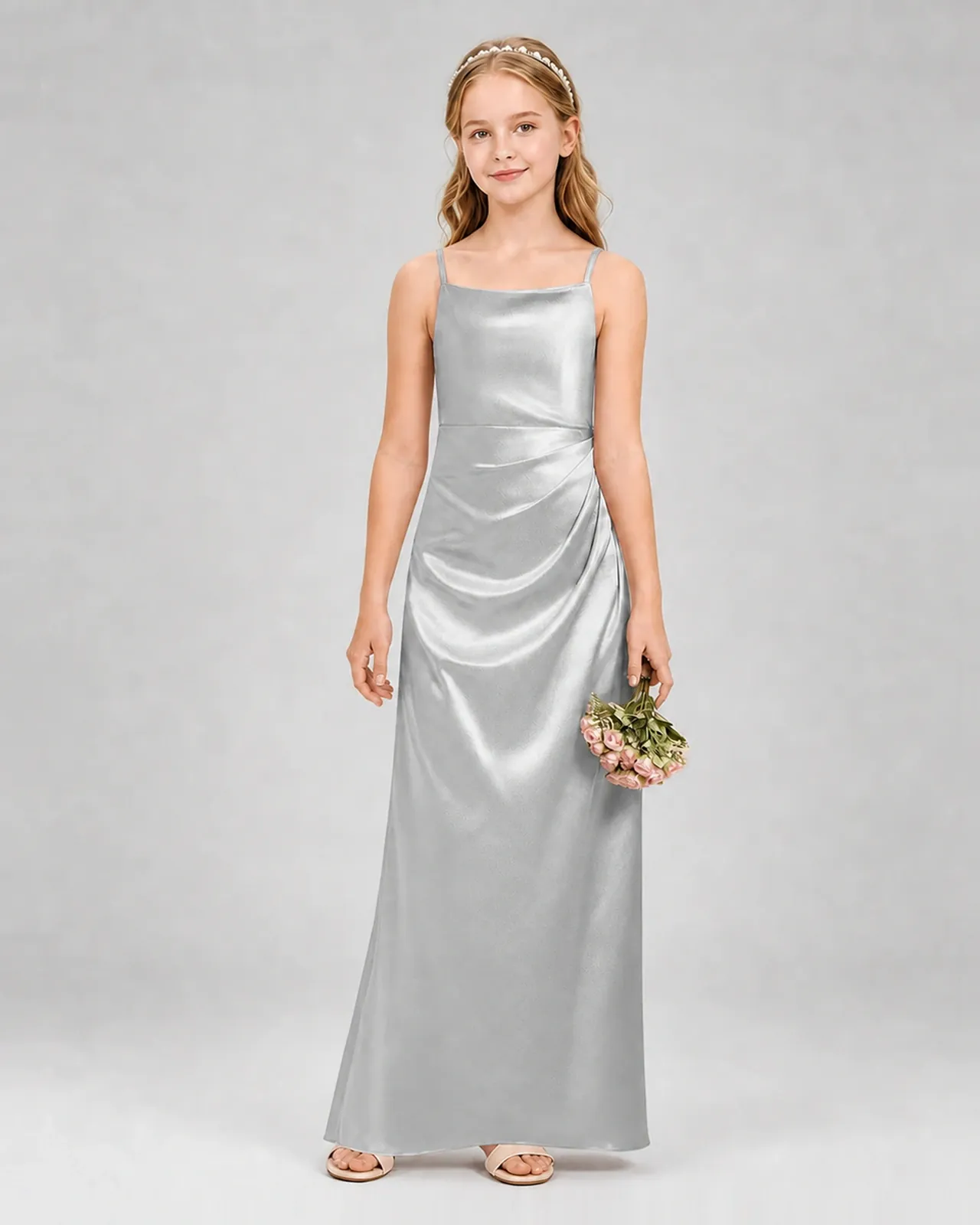 Silver Satin Sheath Girls Formal Dress Front View
