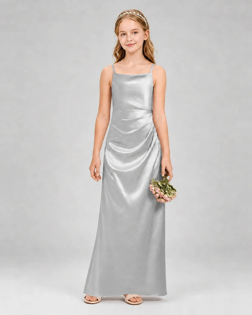 Silver Satin Sheath Girls Formal Dress Front View