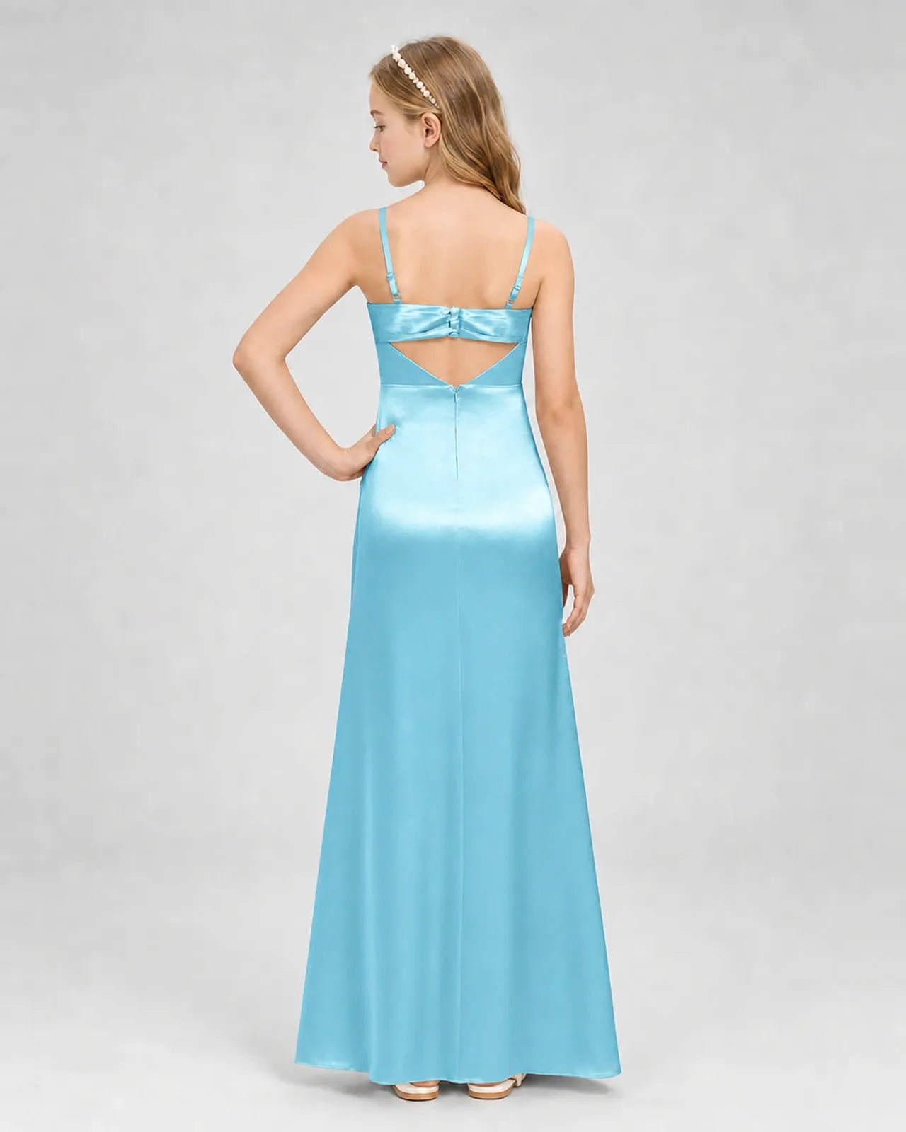Sky Blue Satin A-line Girls Formal Dress Back View