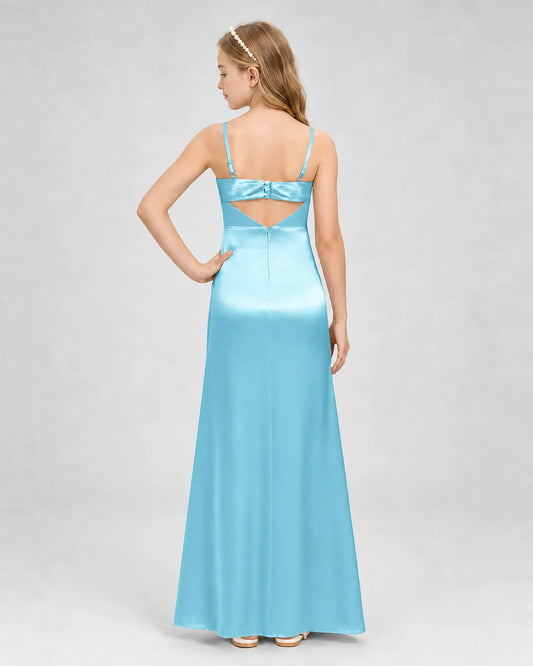 Sky Blue Satin A-line Girls Formal Dress Back View