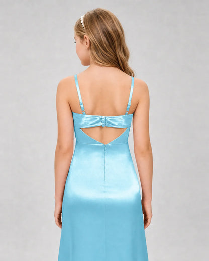 Sky Blue Satin A-line Girls Formal Dress Back View