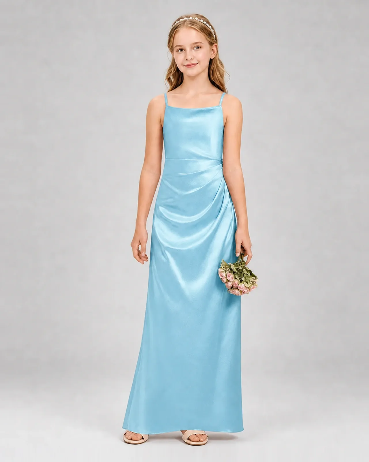 Sky Blue Satin A-line Girls Formal Dress Front View