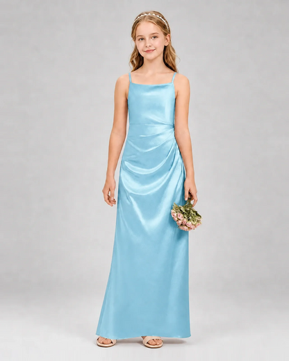 Sky Blue Satin A-line Girls Formal Dress Front View