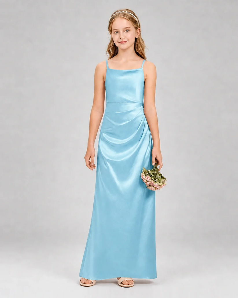 Sky Blue Satin A-line Girls Formal Dress Front View