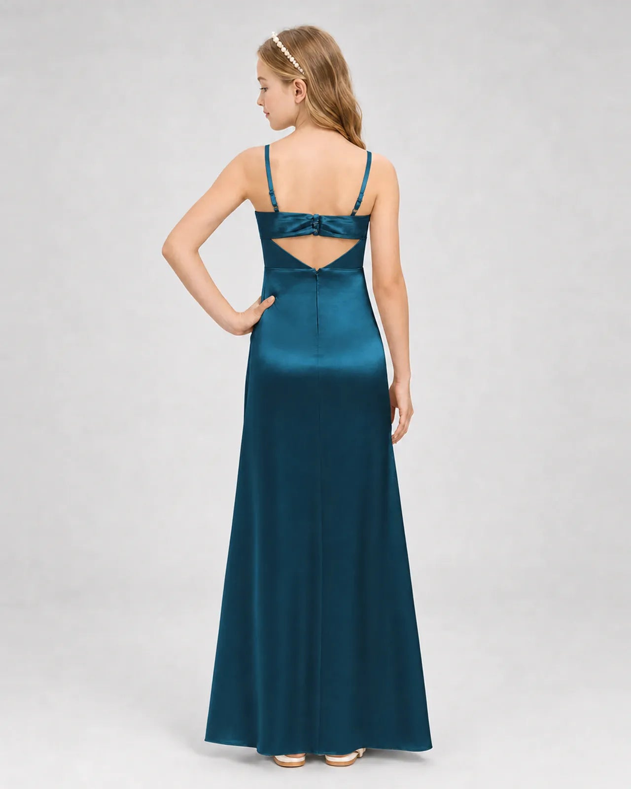 Teal Satin A-line Girls Formal Dress Back View