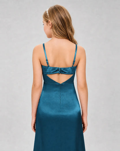 Teal Satin A-line Girls Formal Dress Back View
