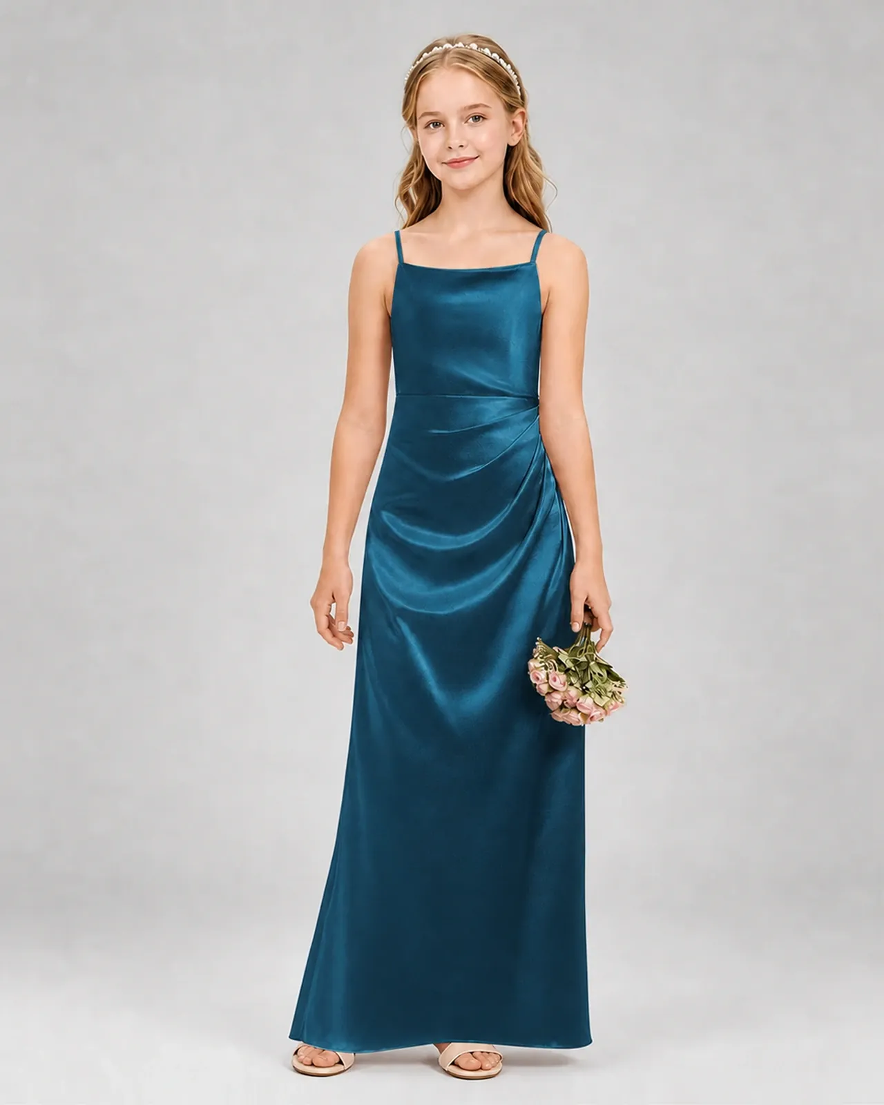 Teal Satin A-line Girls Formal Dress Front View