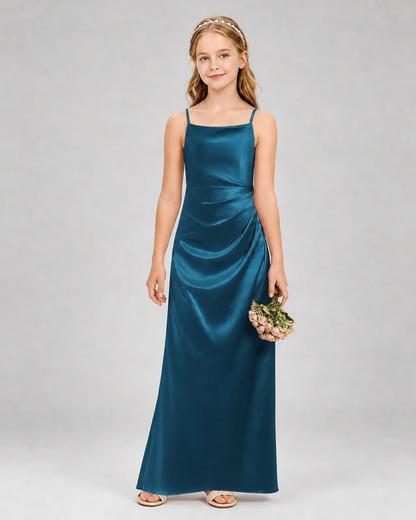 Teal Satin A-line Girls Formal Dress Front View