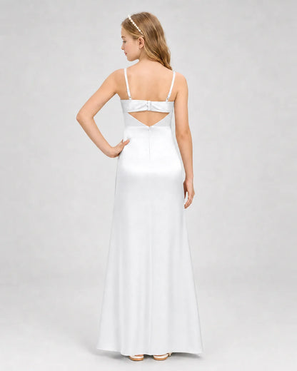 White Satin A-line Girls Formal Dress Back View