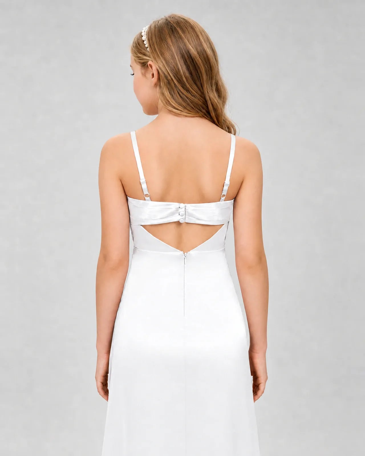 White Satin A-line Girls Formal Dress Back View