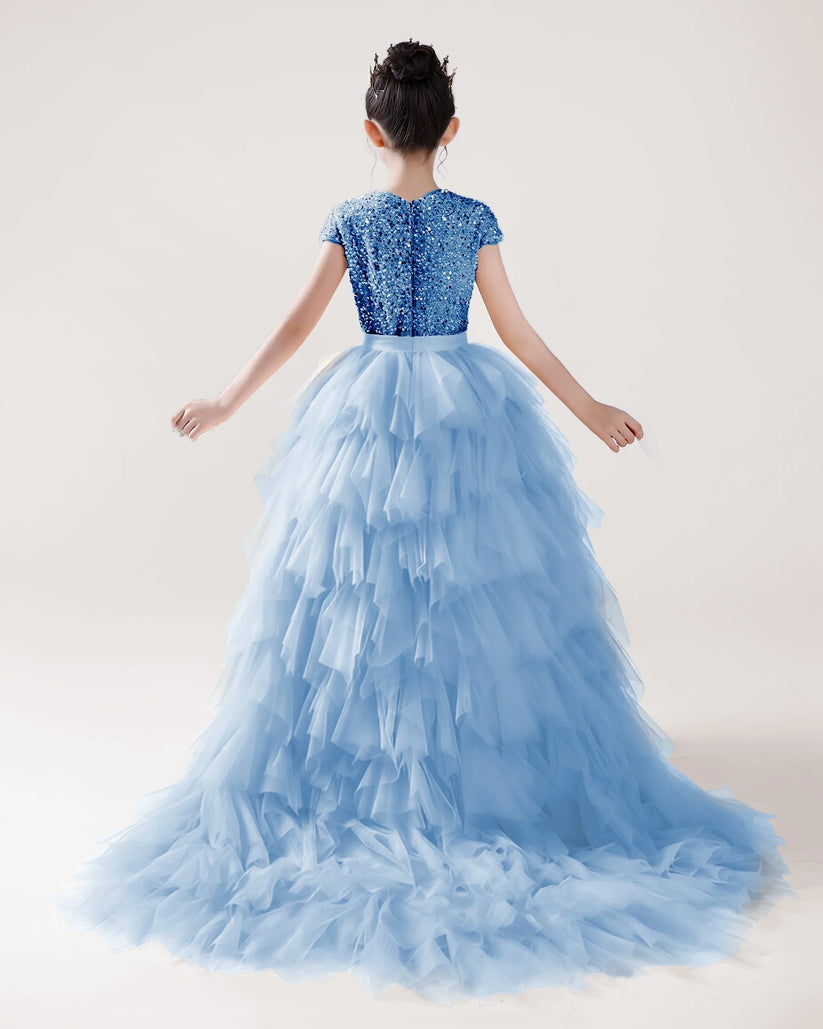 Baby Blue Tulle Ball Gown Girls Formal Dress Back View