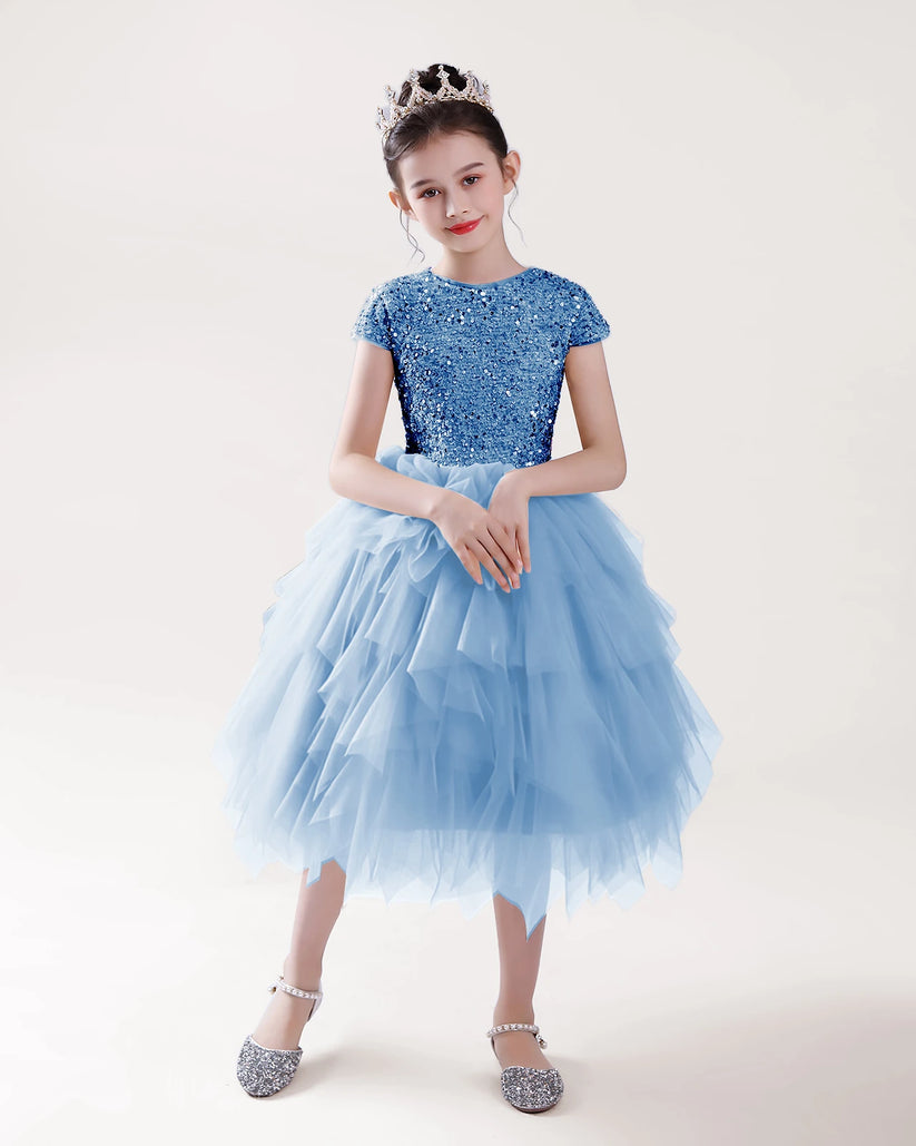 Baby Blue Sequin Tulle A-line Girls Formal Dress Front View
