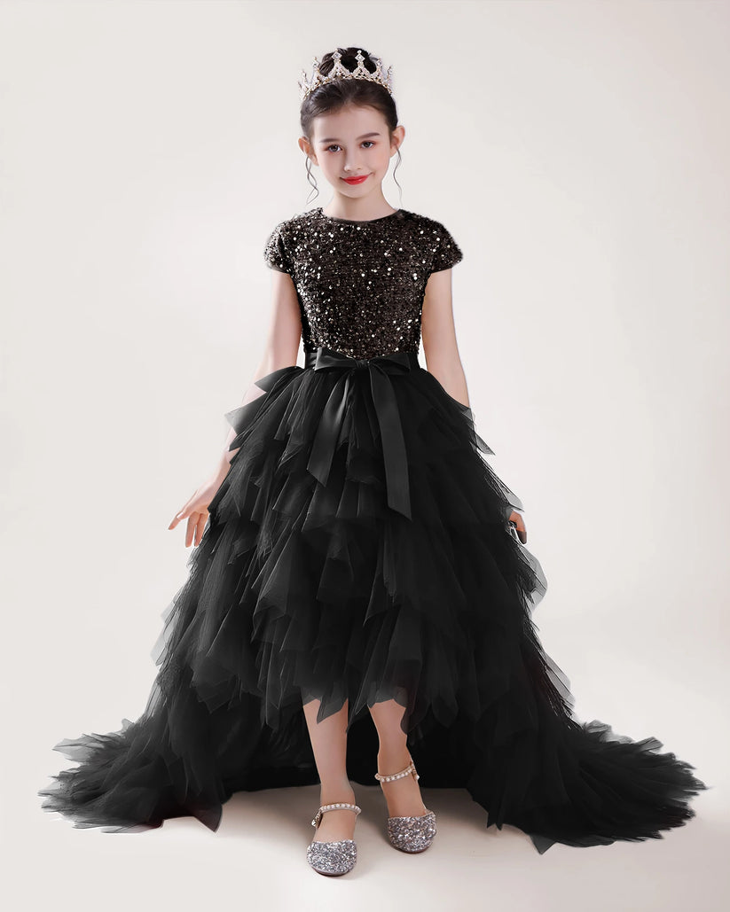 Black Tulle High-low Girls Formal Dress Front View