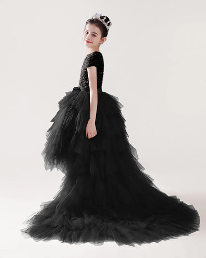 Dideyttawl Sequin Pageant Dress Hi-Lo Birthday Party Dress with Detachable Train