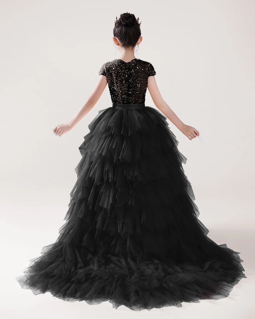 Black Tulle A-line Girls Formal Dress Back View