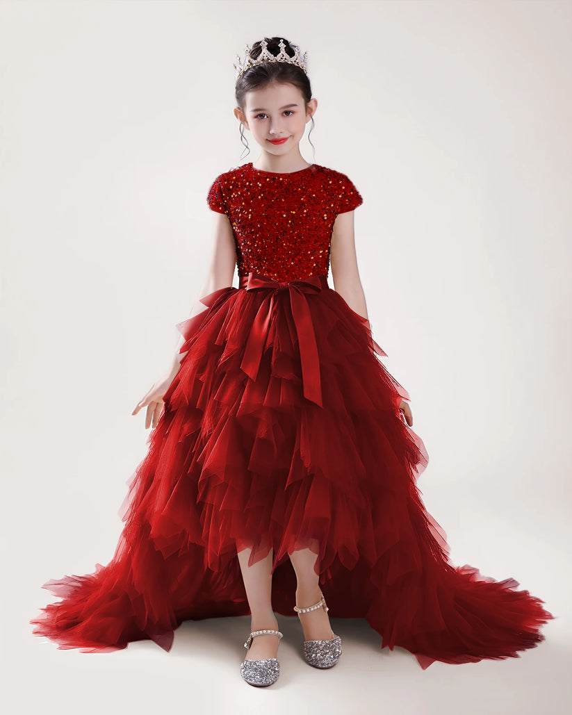 Burgundy Tulle A-line Girls Formal Dress Front View