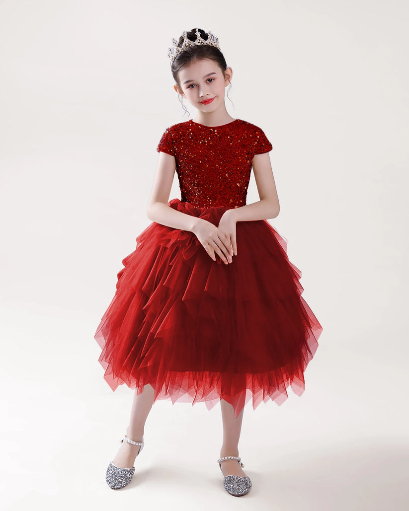 Burgundy Tulle Ball Gown Girls Formal Dress Front View