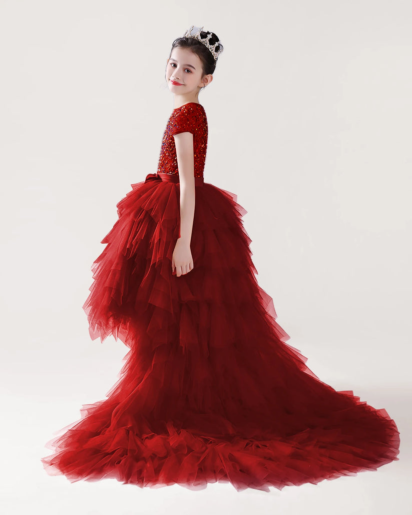 Burgundy Tulle Ball Gown Girls Formal Dress Side View