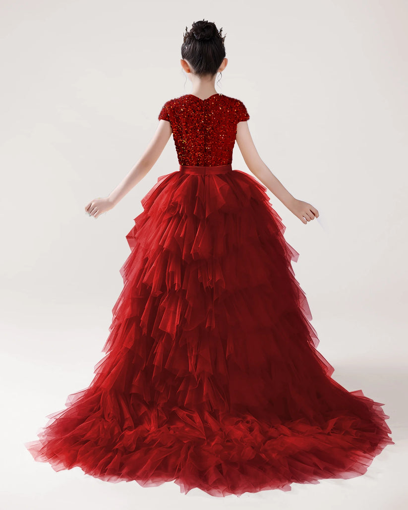 Burgundy Tulle Ball Gown Girls Formal Dress Back View