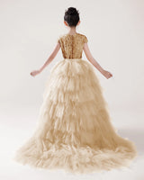 Champagne Sequin Tulle Ball Gown Girls Formal Dress Back View