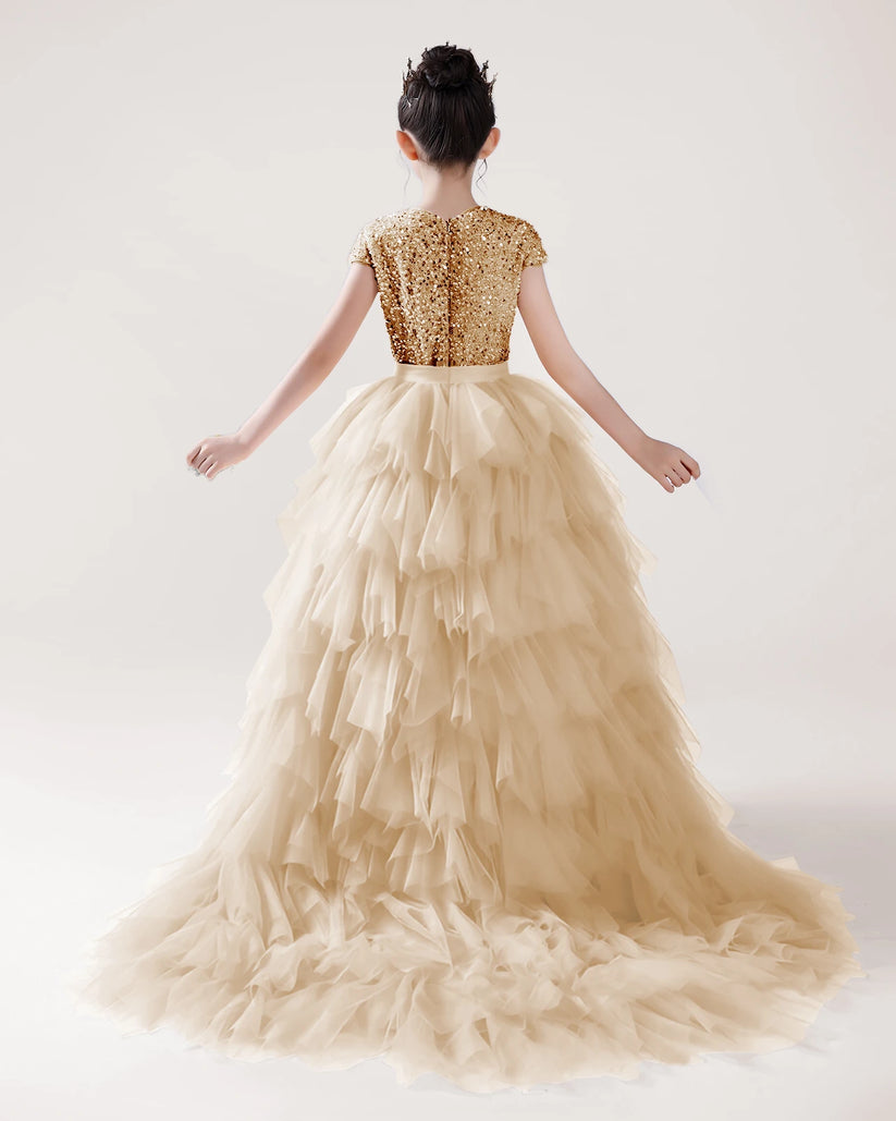 Champagne Sequin Tulle Ball Gown Girls Formal Dress Back View