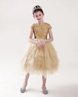Champagne Sequin Tulle Ball Gown Girls Formal Dress Front View