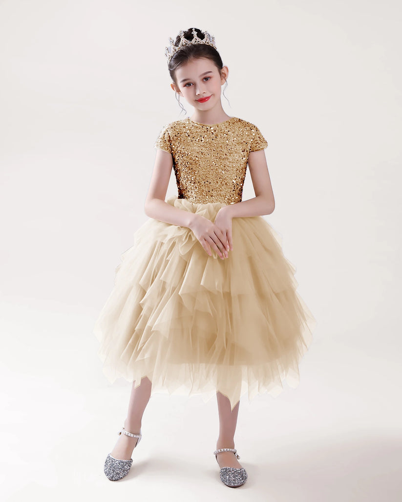 Champagne Sequin Tulle Ball Gown Girls Formal Dress Front View