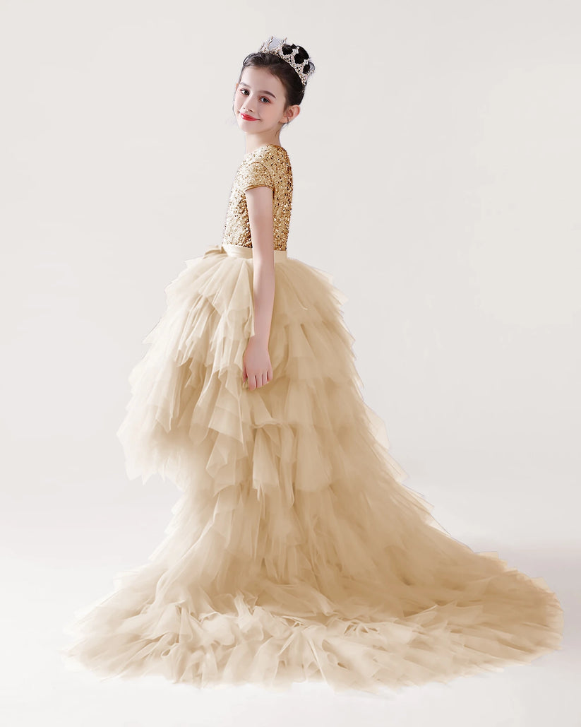 Champagne Tulle Ball Gown Girls Formal Dress Side View