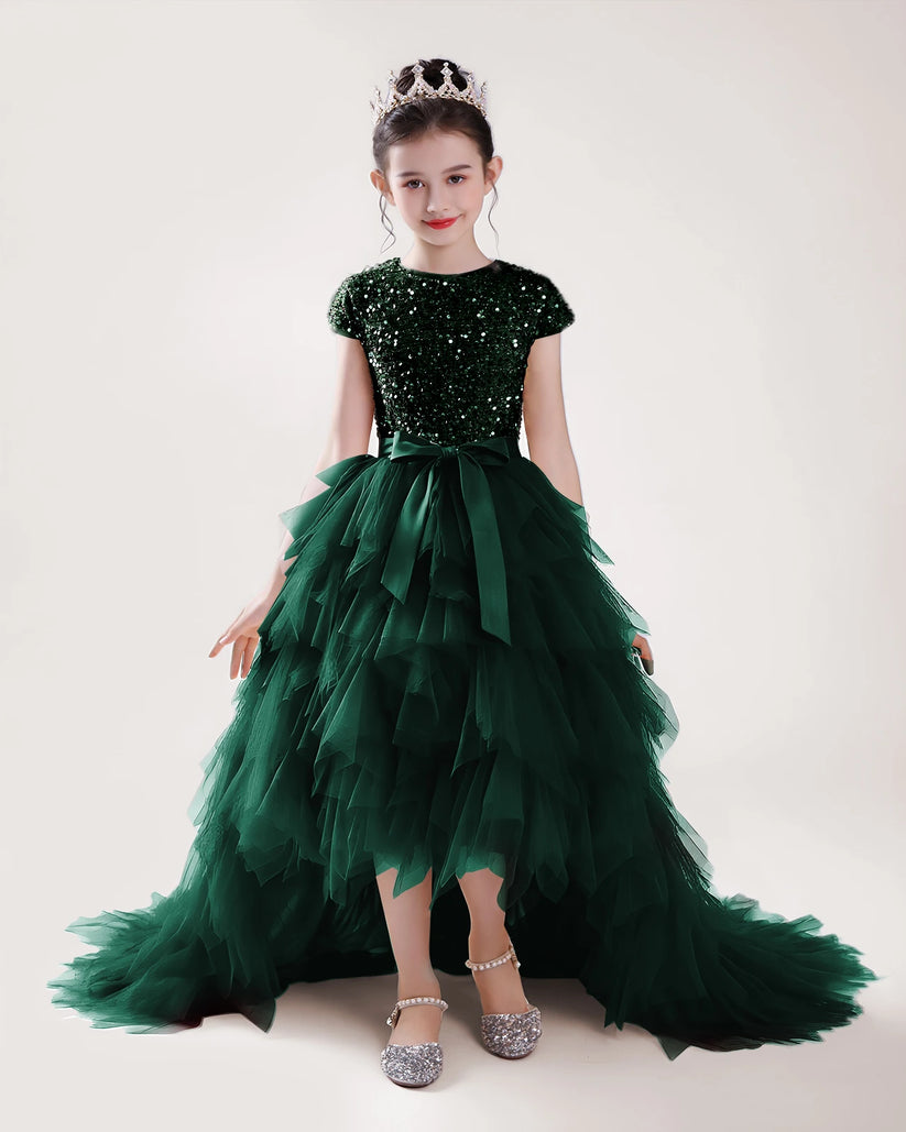 Dark Green Tulle A-line Girls Formal Dress Front View
