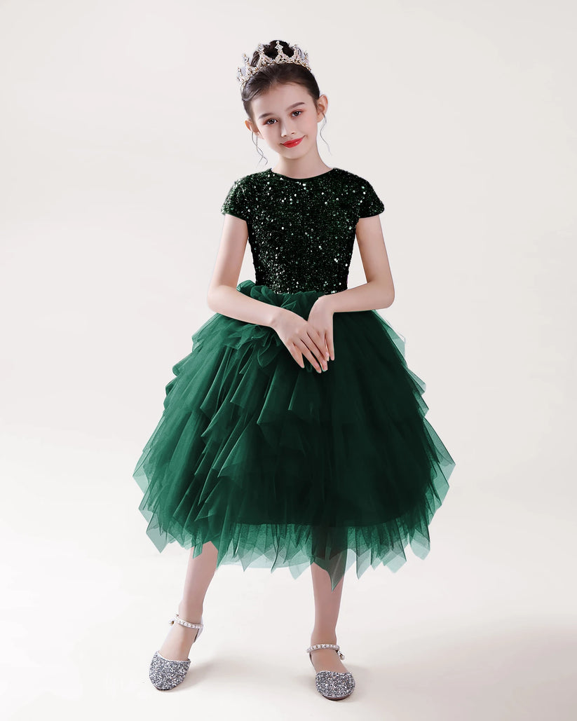 Dark Green Tulle A-line Girls Formal Dress Front View