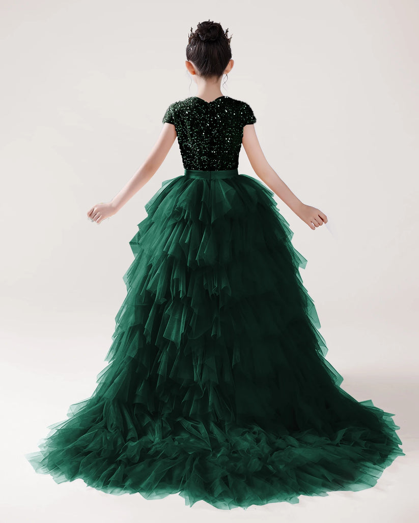 Dark Green Sequin Tulle Ball Gown Girls Formal Dress Back View