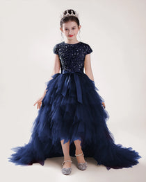 Navy Blue Sequin Hi-low Flower Girl Dress