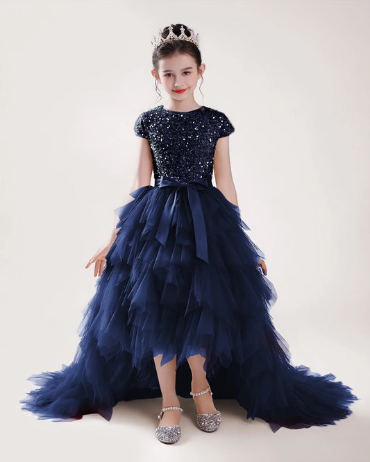 Navy Blue Tulle A-line Girls Formal Dress Front View