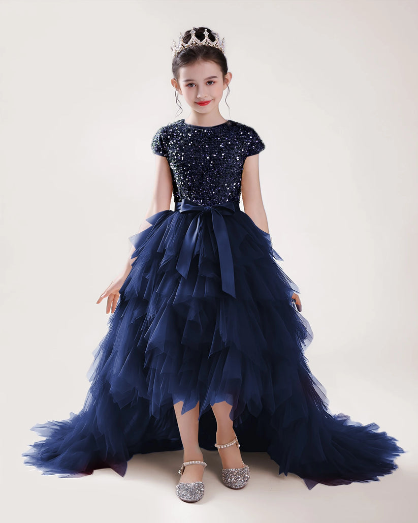 Navy Blue Tulle A-line Girls Formal Dress Front View