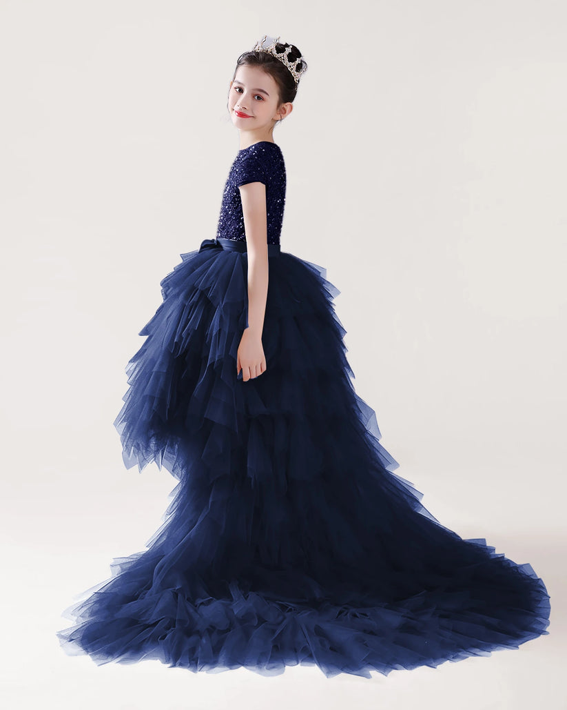 Navy Blue Tulle Ball Gown Girls Formal Dress Side View