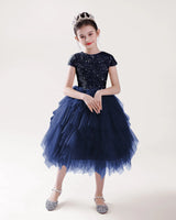 Navy Blue Tulle A-line Girls Formal Dress Front View