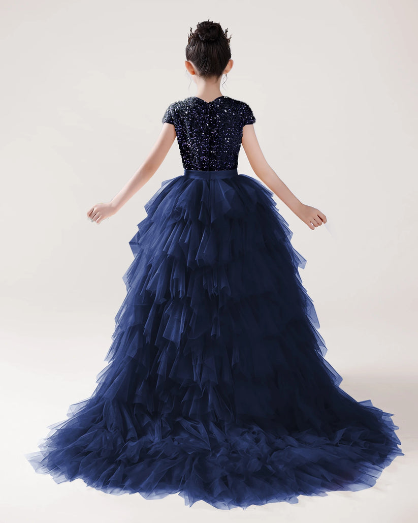 Navy Blue Sequin Tulle Ball Gown Girls Formal Dress Back View