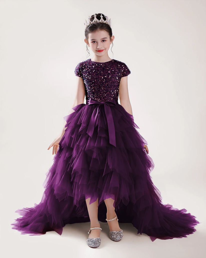 Purple Sequin Tulle Ball Gown Girls Formal Dress Front View