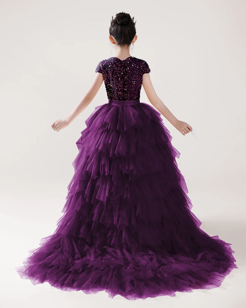 Purple Tulle Ball Gown Girls Formal Dress Back View