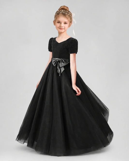 Black Velvet Tulle A-line Girls Formal Dress Front View
