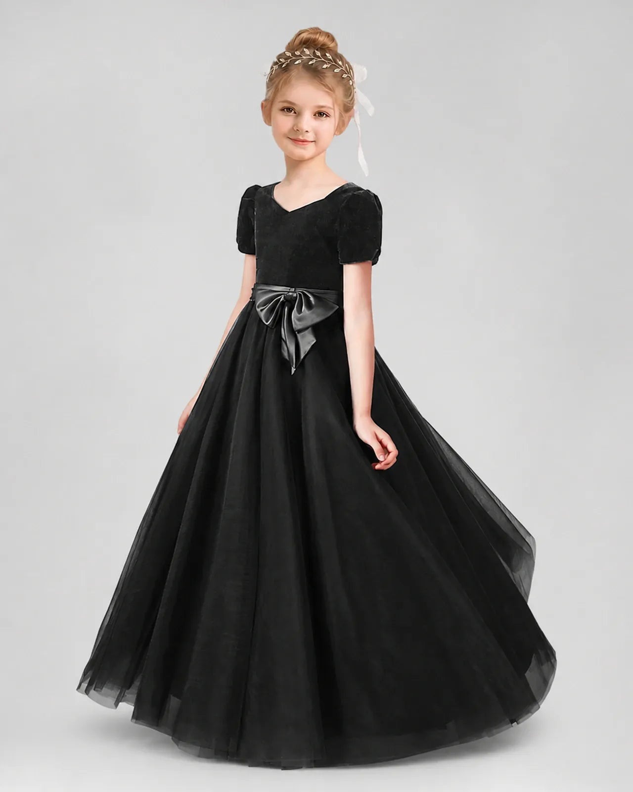 Black Velvet Tulle A-line Girls Formal Dress Front View