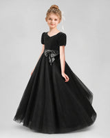 Black Velvet Tulle A-line Girls Formal Dress Front View