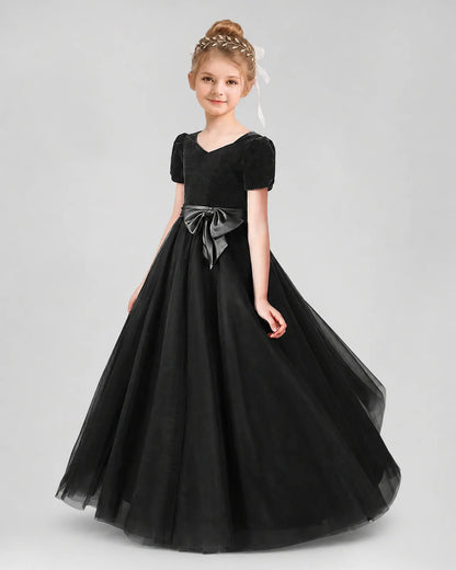 Black Velvet Tulle A-line Girls Formal Dress Front View
