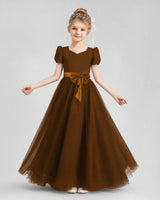 Brown Velvet Tulle A-line Girls Formal Dress Front View