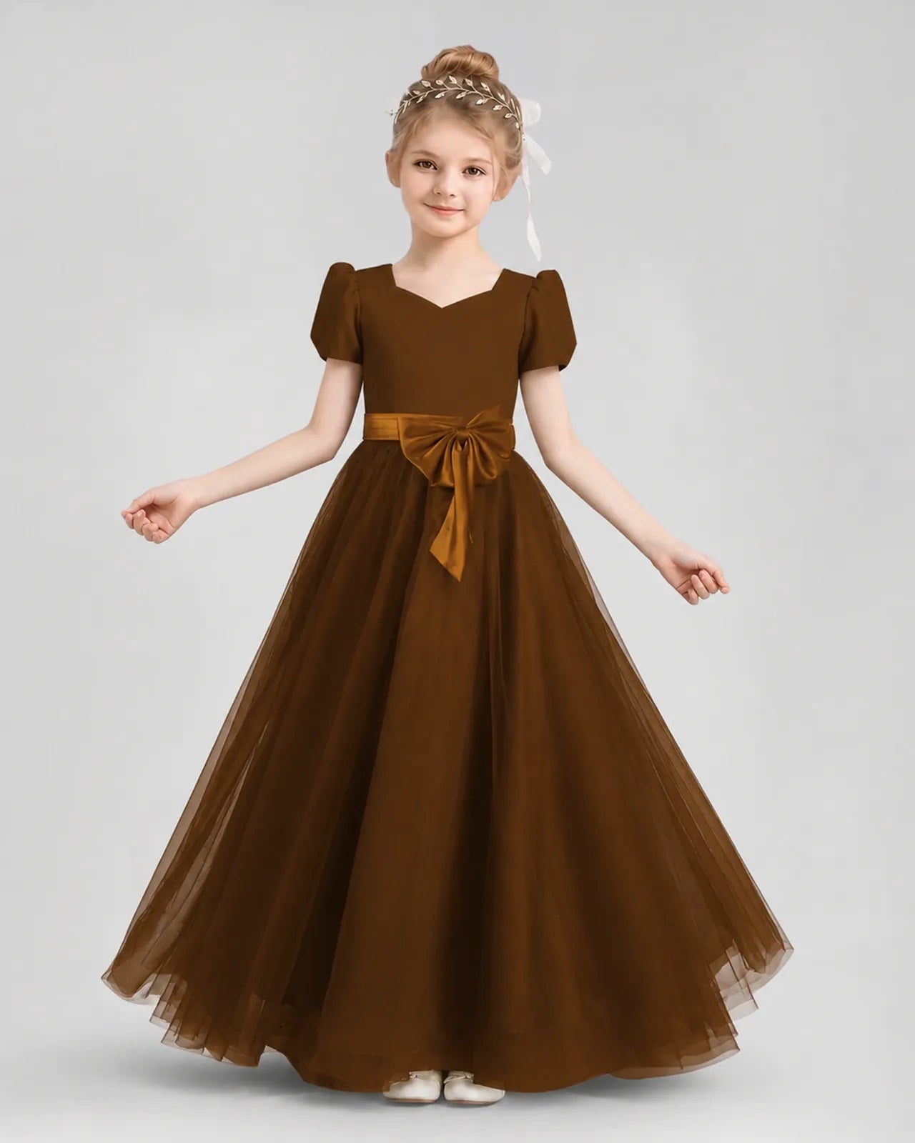Brown Velvet Tulle A-line Girls Formal Dress Front View
