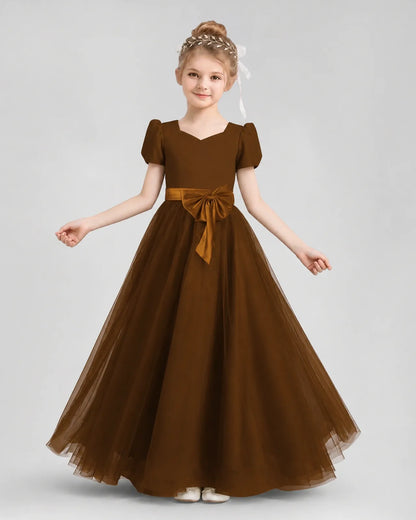 Brown Velvet Tulle A-line Girls Formal Dress Front View