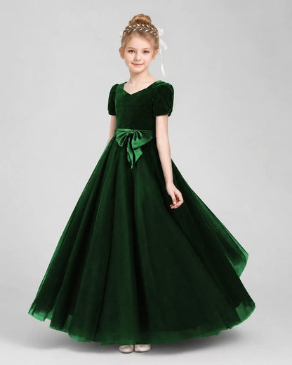 Dark Green Velvet Tulle A-line Girls Formal Dress Front View