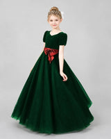 Dark Green Velvet Tulle A-line Girls Formal Dress Front View