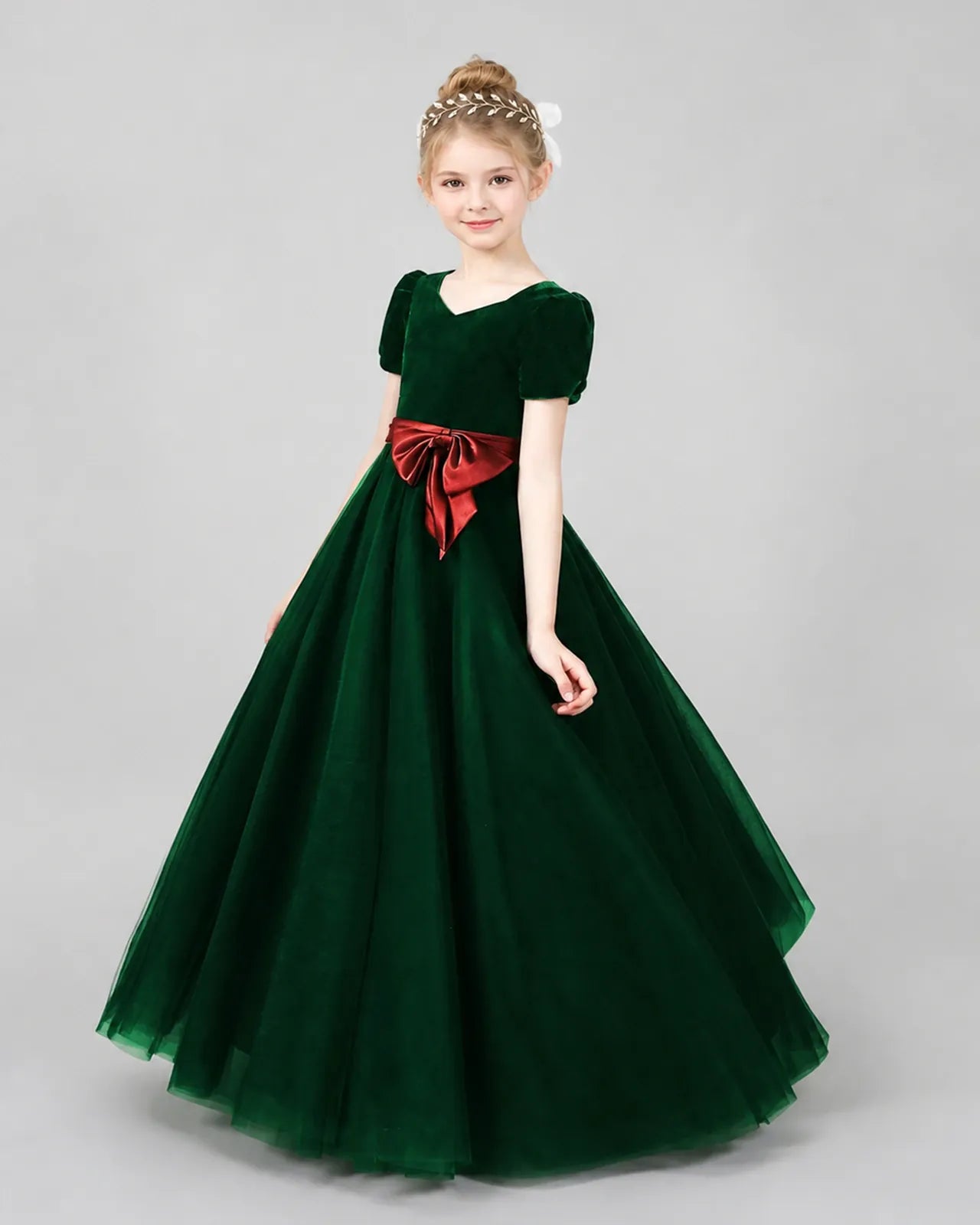 Dark Green Velvet Tulle A-line Girls Formal Dress Front View